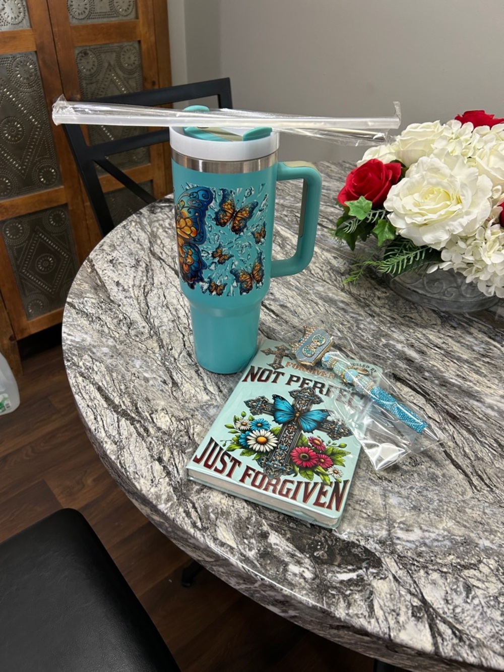 Turquoise Butterfly Travel Mug with Handle